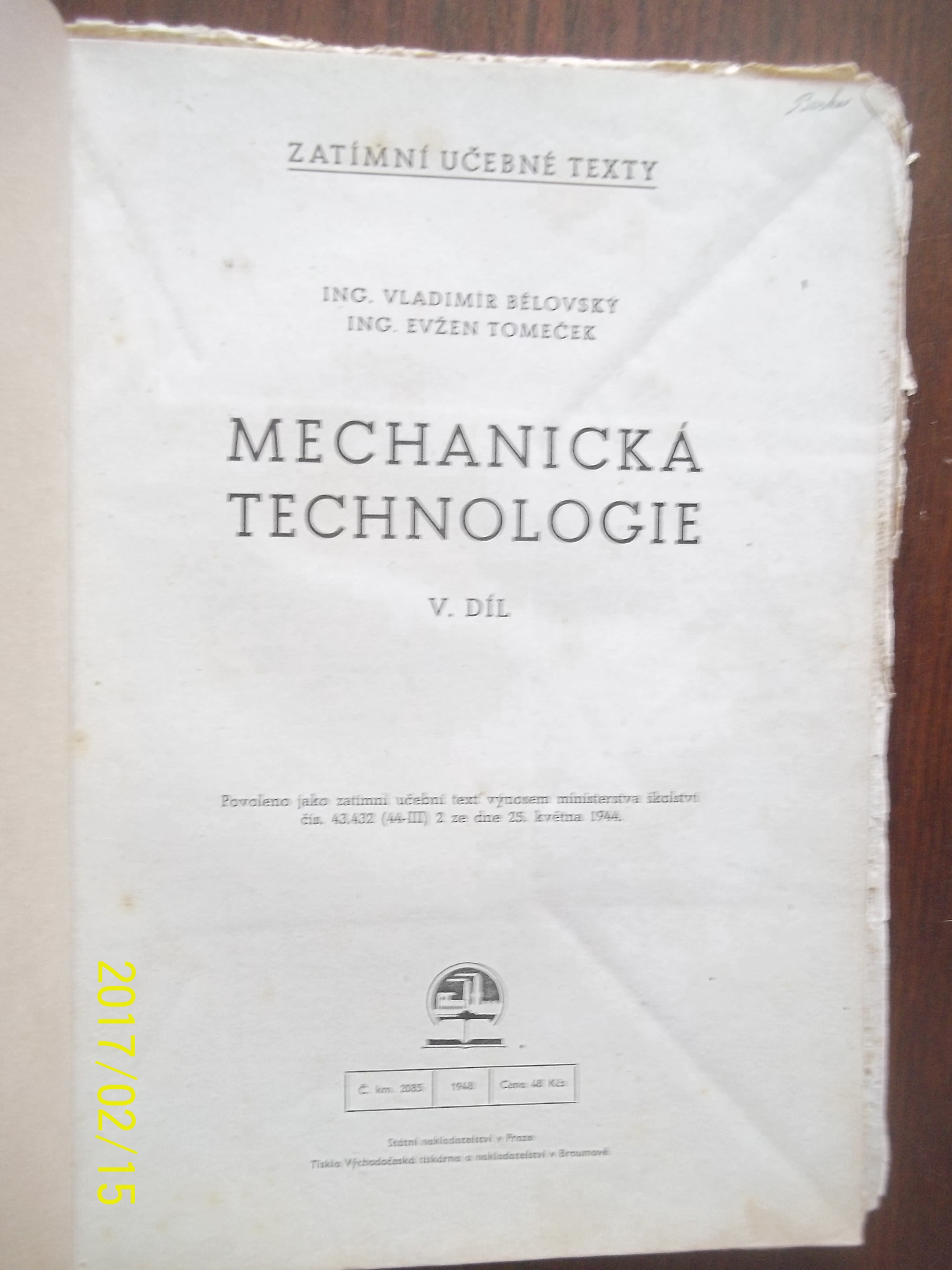 zobrazit detail knihy Blovsk, Tomeek: Mechanick technologie 5 1948